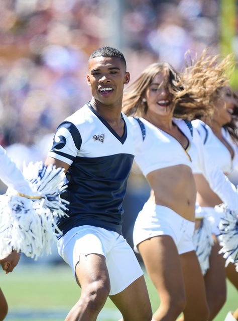 5 Facts About The Super Bowl's First Male Cheerleaders+#refinery29 Summer Rooftop Party, Rams Cheerleaders, Male Cheerleaders, Arizona Cardinals Cheerleaders, Lakers Girls, Cheerleading Squad, Gender And Sexuality, High School Memories, Baltimore Colts