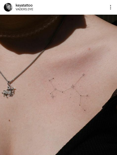 Constalation Tatoos Collar Bone, Back Tattoo Constellation, Sagittarius Tattoo Collar Bone, Minimalist Virgo Constellation Tattoo, Delicate Constellation Tattoo, Xvii Tattoo, Constalation Stars Tatoos, Constellation Back Tattoo, Canis Major Tattoo