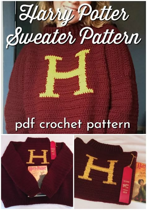 Harry Potter Sweater Pattern in Crochet! You can crochet your own Mrs Weasley Gryffindor sweater pattern! How fun is this? #crochetpattern #harrypottercrochetpattern #harrypottersweater #sweaterpattern #gryffindorsweater #mrsweasleysweater Harry Potter Sweater Pattern, Gryffindor Sweater, Harry Potter Christmas Sweater, Brioche Hat, Mrs Weasley, Trendy Crochet Sweater, Harry Potter Knit, Weasley Sweater, Harry Potter Sweater