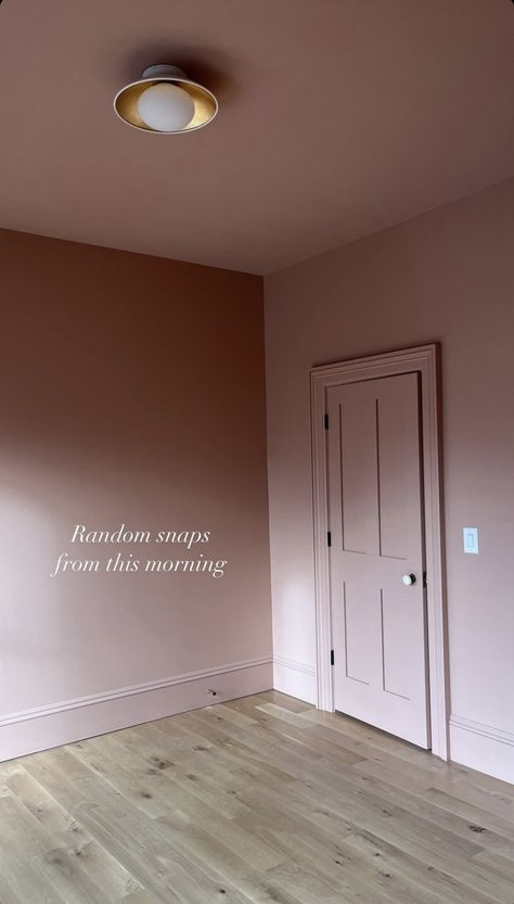 Pink Walls And Trim, Sulking Room Pink Hallway, Pink Color Drenched Room, Color Drenched Rooms, Pink Wainscoting, Color Drenched Bedroom, Persephone Spring, Pale Pink Walls, Painting My Room