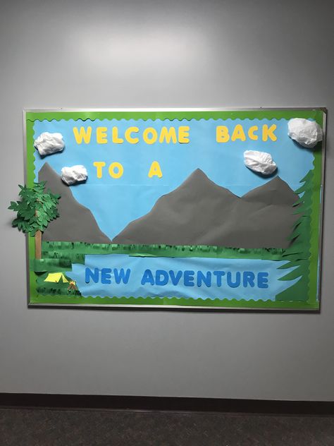 Outdoor Theme Bulletin Board Ideas, Mountain Bulliten Board Ideas, Rv Bulletin Board, Great Outdoors Bulletin Board Ideas, The Great Outdoors Bulletin Board Ideas, Mountain Theme Bulletin Board Ideas, Outdoors Bulletin Board Ideas, Wilderness Bulletin Board Ideas, Mountain Hallway Decor School