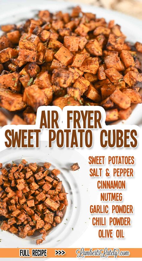 This recipe for Air Fryer Sweet Potato Cubes is the perfect way to add a delicious, nutritious side dish to your next meal. Just chop, toss in a savory spice blend, and cook to golden brown perfection! Family Fun Dinner, Sweet Potato Cubes, Roasted Sweet Potato Cubes, Potato Cubes, Recipe For Air Fryer, Savory Spice, Sweet Potato Recipes Healthy, Sweet Potatoe Bites, Cubed Sweet Potatoes