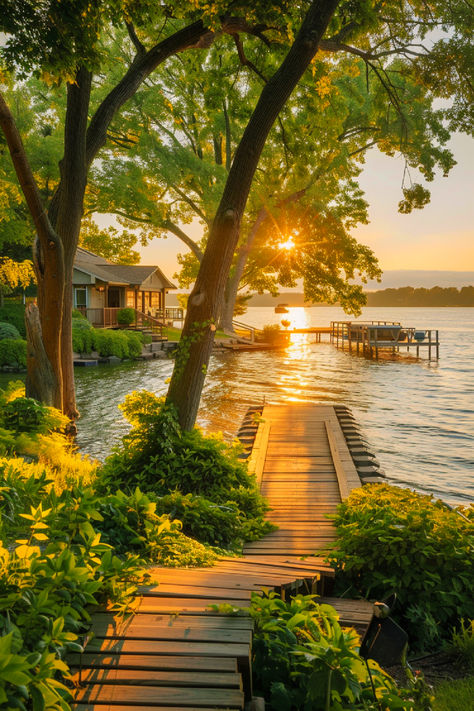 A serene lakefront scene at sunset with a peaceful dock leading to the water, surrounded by lush greenery and trees, offering a tranquil getaway at a cozy lakeside home. Vacation Lake House, Minnesota Lake House, By The Lake Aesthetic, Lake View Homes, Lake House Trip, House Near Lake, Cottage By The Lake, Lake House Rentals, Jones Aesthetic