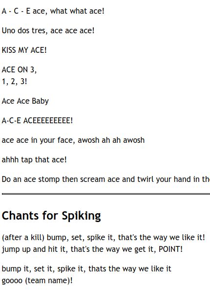 Volleyball cheers Cheer Spirit Poster Ideas, Notes For Volleyball Players, Volleyball Chants Ideas, Fun Volleyball Chants, Volleyball Chants For Ace, Ace Cheers For Volleyball, Ace Cheers Volleyball, Good Volleyball Cheers, Good Volleyball Chants