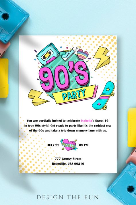 Step back in time at our vibrant 90's Party! Join the fun with our pop art-inspired Birthday Invitation adorned with neon green and yellow hues. The funky design features '90s Party' in bright fuchsia pink, accompanied by retro cassette tapes and skateboards. Don't miss out on this throwback extravaganza! Get ready to groove and reminisce the good ol' days! 90s Invitation Ideas, 90s Birthday Party Theme Invitations, 90s Birthday Party Invitations, 90s Party Invite, 90s House Party Invitation, Pop Art Party, 90s Party, 90's Birthday Party, Disco Party