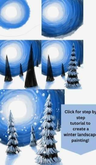 Winter Painting Ideas Step By Step, Winter Art Class Ideas, Winter Painting For Beginners, Step By Step Painting Winter, Winter Art Classroom, How To Paint Winter Scene Step By Step, Art Class Christmas Projects, Winter Canvas Painting Ideas Easy Step By Step, Winter Art Painting Acrylics