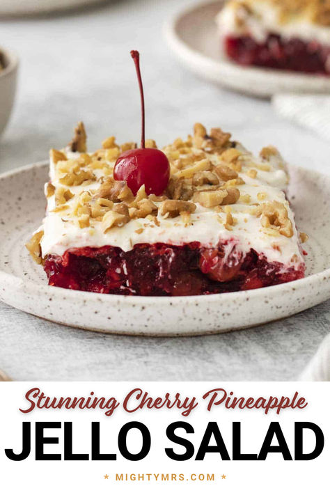 This stunning Cherry Pineapple Jello Salad is super easy to make. Like literally takes 10 minutes of prep all said and done. It is almost like an upside down, no-bake cheesecake. This dessert is a sweet and fruity treat that is often served at potlucks, holiday gatherings, and special occasions. Cherry Pineapple Jello Salad, Pineapple Jello Salad, Granola Topping, Pineapple Jello, Jello Flavors, Jello Dessert, Jello Dessert Recipes, Gelatin Recipes, Strawberry Pie Filling