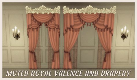 Muted Royal Valence and Drapery // Get Famous Curtains Recolored [#ts4_bb] [#ts4_bb_deco] [#ts4_bb_human] Sims 4 Royal Cc Furniture Maxis Match, Sims 4 Curtain Recolor, Sims 4 Content, Sims 4 Curtains Cc, Sims 4 Nails, Sims 4 Hair Male, Sims Medieval, Sims 4 Decades Challenge, Royal Furniture