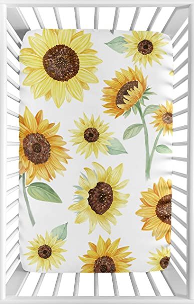 Multicolor Sunflower Print Farmhouse Watercolor, Sunflower Nursery, Portable Crib, Mini Crib Sheets, Pack And Play, Girl Nursery Room, White Sunflowers, Toddler Mattress, Sweet Jojo Designs