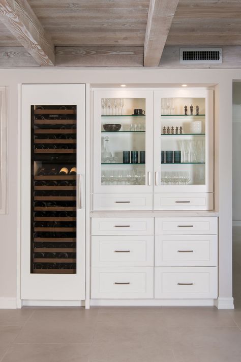 White, modern, wine storage refrigerator with built-in cabinetry Wine Refrigerator Ideas, Wine Fridge Cabinet, Built In Cabinetry, Modern Wine Storage, Refrigerator Ideas, Florida Condos, Wine Refrigerator, Condo Living, Food Preservation