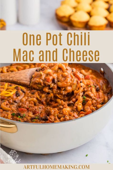 Craving a simple dinner idea that's comforting and delicious? Try this Chili Mac! This easy chili dinner recipe unites the rich flavor of chili with creamy mac and cheese. It's a great choice for a macaroni main dish. Whether you're in the mood for a cozy night in or need a quick dinner fix, this mac and cheese chili recipe is sure to satisfy. Chili Mac N Cheese, Homemade Chili Mac, Chili Mac And Cheese Recipe, One Pot Chili Mac, One Pot Chili, Chili Dinner, Easy Comfort Food Dinners, Chili Mac Recipe, Chili Mac And Cheese