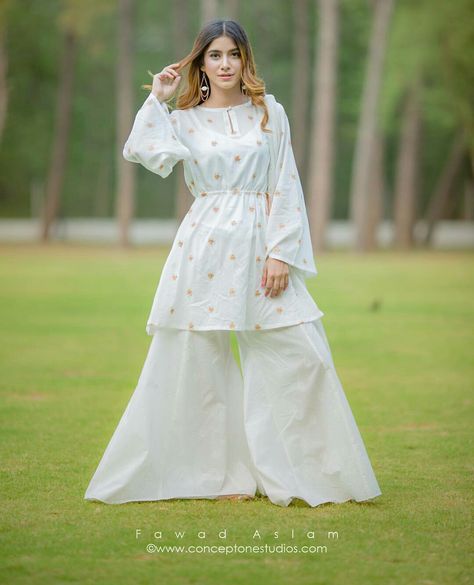 white dress, friday special, short frok, plazo, stylish dress Short Frok Designs With Plazo, Pakistani Short Frock With Plazo, Lawn Short Frocks Design, Short Frock With Plazo, Short Shirt With Plazo, Desinger Dresses, Simple Frock, Short Dresses Party, Short Frocks