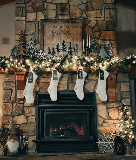 Where the Treetops Glisten #Christmas #CabinChristmas #FarmhouseChristmas #ChristmasDecor #ChristmasDecorating #FarmhouseChristmas #StockingTags #cozyChristmas #MantelDecor #StoneFireplaceChristmas #WhereTheTreetopsGlisten #ChristmasTree Rock Fireplace Christmas Decor, Christmas Stone Fireplace Decor, Stone Fireplace Christmas Decor, Christmas Mantle Decor Fireplaces Rustic, Stone Mantle Decor, Christmas Mantle Decor Fireplaces, Rustic Christmas Mantle, Stone Fireplace Decor, Stone Mantle