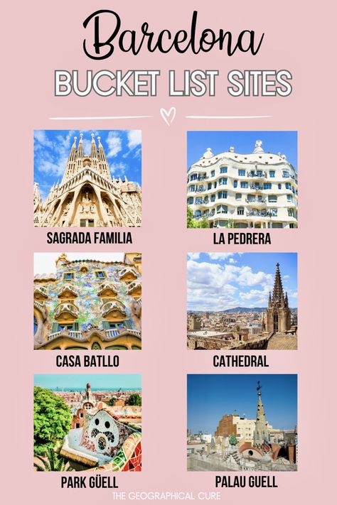 Pinterest pin for 40+ Must Visit Landmarks In Barcelona Places To Visit In Barcelona, Barcelona Bucket List, What To Do In Barcelona, Barcelona Itinerary, Gaudi Architecture, To Do In Barcelona, Museum Guide, European Cruises, La Pedrera