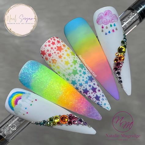 Rainbow Brite Nails, Nail Art Designs Coffin, Clown Cosplay, Rainbow Nails Design, Rainbow Nail Art, Rainbow Nail, Crazy Nail Art, Madam Glam, Press On Nails Medium