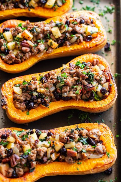 Sausage Stuffed Butternut Squash {Paleo, Whole30} | Stuffed Butternut Squash With Sausage, Butternut Squash And Sausage Recipes, Butternut Squash With Sausage, Butternut Squash With Spinach, Stuffed Squash Recipes, Sausage Stuffed Butternut Squash, Stuffed Butternut Squash, Stuffed Butternut, Banting Recipes