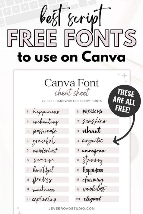 The best free fonts in Canva that are handwritten script and free for commercial use. Learn more about the best fonts and calligraphy ideas and typogrphy inspiration, and wedding fonts at leveeroadstudio.com Free Handwritten Script Fonts, Best Free Script Fonts, Letras Cool, Free Handwritten Fonts, Font Guide, Fonts Handwriting, Font Ideas, Best Script Fonts, Elegant Serif Fonts