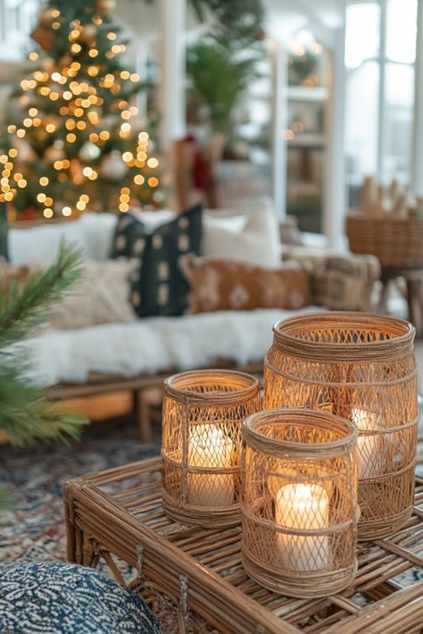 🎄 Modern Boho Christmas Magic! ✨ 15 Decor Tips Inside 🎁 - Modern Boho Christmas, Boho Lanterns, Boho Christmas Tree, Boho Christmas Decor, Modern Boho Decor, Copper Lantern, Wooden Bead Garland, Amber Glass Jars, Greenery Garland