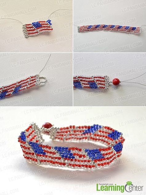 How to Make Personalized Seed Beads Bracelet for Girls - Pandahall.com Handmade Bracelets Tutorial, Wired Jewelry, Patriotic Bracelet, Abc Crafts, Beading Bracelets, Pony Bead Projects, Seed Beads Bracelet, Beaded Braclets, Wire Ornaments