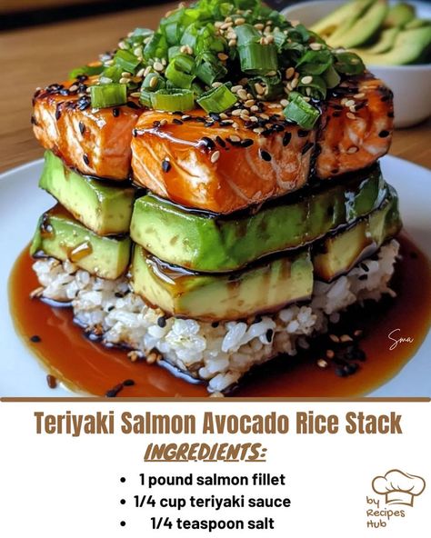 Teriyaki Salmon Avocado Rice Stack Salmon Stack Recipe, Crispy Teriyaki Tofu And Avocado Rice Stack, Teriyaki Salmon Poke Bowl, Teriyaki Salmon Avocado Rice Stack, Meal Prep Salmon, Teriyaki Fish, Beef Tips And Noodles, Salmon Meal Prep, Salmon Teriyaki