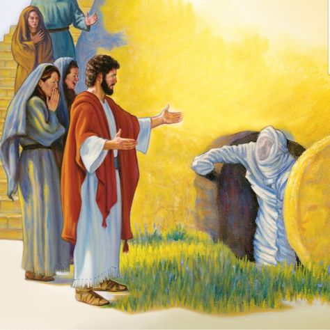 Jesus raises Lazarus from the dead. Jesus Raises Lazarus, Bible Artwork, Jesus Christ Painting, Sunday School Crafts For Kids, Bible Says, Jesus And Mary Pictures, Jesus Christ Art, Watch Tower, Sunday School Crafts