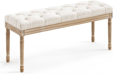 Amazon.com: LUE BONA 60" Bedroom Bench, Vintage French Tufted End of Bed Bench, Upholstered Fabric Ottoman Bench with Carved Wood Legs for Bedroom,Dining Bench Piano Stool for Living Room,Foyer, Beige : Home & Kitchen End Of The Bed Bench, Coffee Bedroom, Stool For Living Room, Bedroom Ottoman, Living Room Foyer, Piano Stool, French Country Bedrooms, Vintage Bench, End Of Bed Bench