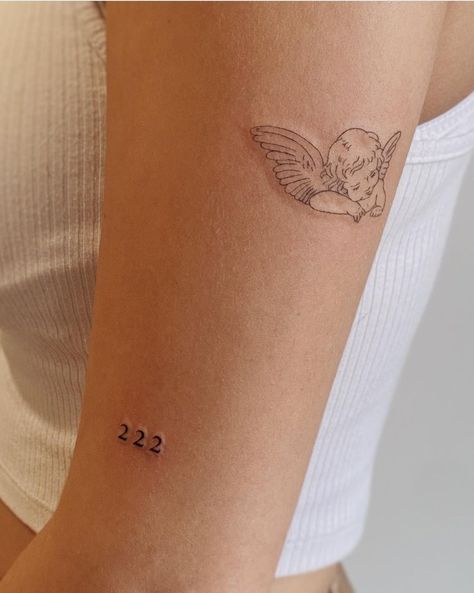 111 Tattoo Design, Fine Line Cherub Tattoo, Angel Tattoo Placement, Angel Fine Line Tattoo, Dainty Angel Tattoo, Two Cherubs Tattoo, Minimalist Angel Tattoo, Fine Line Angel Tattoo, Small Angel Tattoo