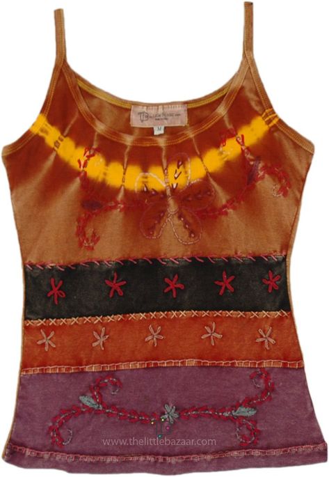 A gorgeous stonewash tank top with patches of red, purple, and black ensembled together in hand-threaded embroidery highlighting each panel and with floral motifs on top.  The bodice is artistically in a yellow mustard shade with a bright yellow forming a necklace panel. #tlb #Sleeveless #Patchwork #Stonewash #Embroidered #Floral #bohemianfashion #gypsytanktop #summerhippietanktop #ribbedcottontanktop Aethestic Clothes, Swaggy Fits, Hippie Tank Tops, Embroidered Motifs, Hippie Look, Trendy Skirts, Natural Styles, Hannah Montana, Boho Chic Outfits