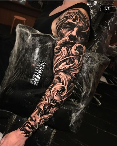 Gothic Tattoo Sleeve Men, Men’s Cover Up Tattoos Arm, Tattoo Full Sleeve Men Ideas, Greek God Tattoo Sleeve, Color Sleeve Tattoos, Full Sleeve Tattoos For Guys Black, Roman Gods Tattoo, Male Sleeve Tattoos, Greek Sleeve Tattoo