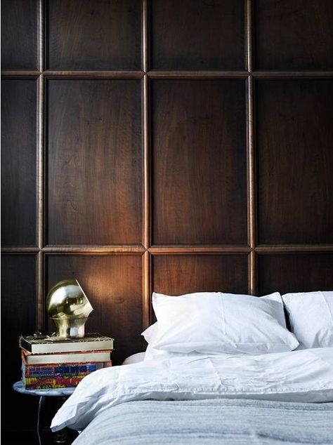 Masculine Bedroom Design, Masculine Bedroom, White Sheets, Wall Panelling, Wood Panel Walls, Wall Treatments, Interior Walls, Home Staging, 인테리어 디자인