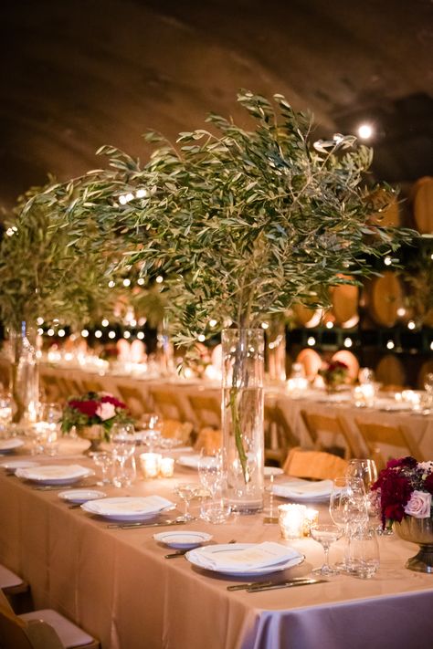 Wine Cave Wedding, Floral Wedding Centerpieces, Cheap Wedding Table Centerpieces, Branch Centerpieces Wedding, Cave Wedding, Olive Branch Wedding, Olive Green Weddings, Branch Centerpieces, Olive Wedding