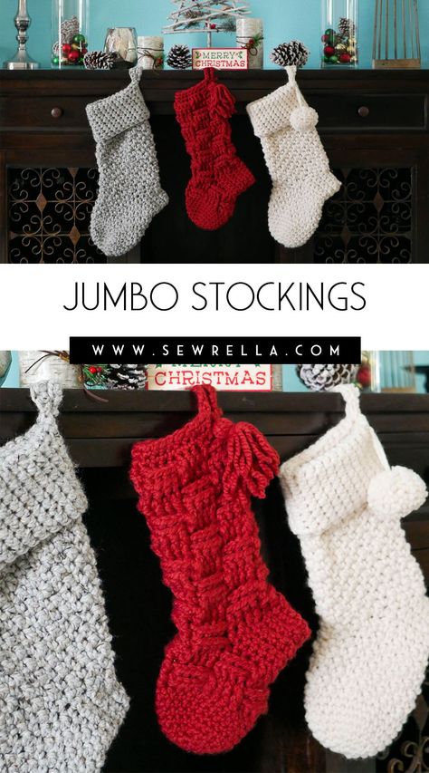 These jumbo stockings are sturdy and bulky for stuffing with all kinds of small gifts and goodies on Christmas morning. I made 2 different samples featuring different designs that would be so cute mixed and matched for a family! My free crochet pattern is easy to work up for gifts this holiday season too. #crochet #stocking #farmhouse #holiday #christmas Crochet Stocking Pattern Free, Jumbo Christmas Stocking, Stocking Pattern Free, Jumbo Crochet, Crochet Christmas Stocking Pattern, Crochet Stocking, Crocheted Christmas, Crochet Christmas Stocking, Crochet Xmas