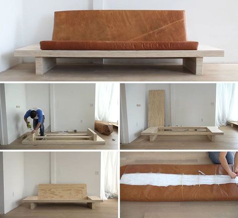 In this DIY tutorial you can learn how to build your own modern plywood couch with built-in side tables and an upholstered leather seat cushion. The instructions are detailed and comprehensive, with the finished product being a functional and easy to move modern sofa. Diy Couch Cushions, Homemade Sofa, Wood Couch, Leather Cushions, Affordable Sofa, Diy Couch, Modern Couch, Diy Sofa, Plywood Furniture