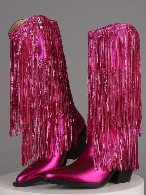 Fringe Metallic Cowboy Boots For Women Sparkly Tassel Pointed Toe Chunky Heel Zipper Mid Calf Western Cowgirl Shoes | SHEIN USA Sparkly Cowboy Boots, Metallic Cowboy Boots, Cowgirl Shoes, Shoes Shein, Cowboy Boots For Women, Pink Cowboy Boots, Pink Vibes, Western Cowgirls, Western Cowgirl