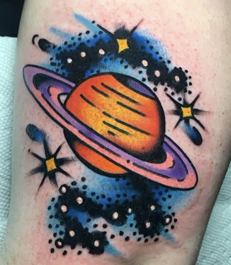 Traditional Outer Space Tattoo, Colour Tattoo Traditional, Traditional Style Space Tattoo, Saturn Galaxy Tattoo, Neo Traditional Galaxy Tattoo, American Traditional Planet Tattoo, Colorful Planet Tattoo, Traditional Sci Fi Tattoo, Old School Alien Tattoo