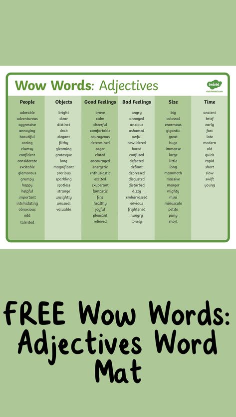 Use this teacher-made Wow Words: Adjectives Word Mat to: Support your students during independent writing tasks Provide help with tricky spellings Boost vocabulary A handy visual cue for upper elementary kids, this printable word mat is full of colorful and descriptive wow words for your students to use in creative writing assignments. You can print and display it in your classroom, or provide students with their own laminated copies to keep in their writing folders. The choice is yours! Wow Words Vocabulary, Boost Vocabulary, Adjective Words, Wow Words, Writing Folders, Elementary Teaching, Visual Cue, Descriptive Words, Writing Assignments