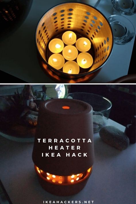 Terracotta heater made with just 3 IKEA items. So easy to get additional heat. Pot Candle Heater, Terracotta Space Heater, Terracotta Pot Heater Diy Tea Lights, Terracotta Heater Diy How To Make, Terra Cotta Heater Diy How To Make, Greenhouse Candle Heater, Terracotta Candle Heater, Diy Heater Indoor How To Make, Clay Pot Heaters How To Make