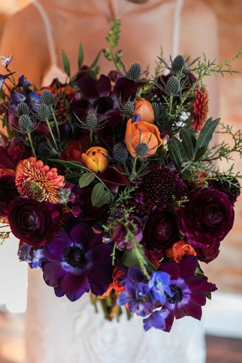 Jewel Tone Fall Bouquet, Moody Fall Outdoor Wedding, Deep Purple And Blue Wedding, Moody Flower Bouquet, Mulberry Wedding Flowers, Wedding Florals Winter, Fall Colorful Wedding, Goblin Wedding, Winter Flowers Wedding