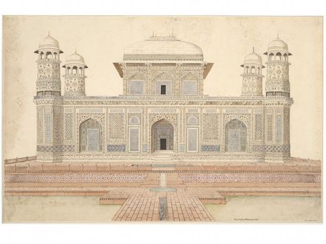 Delhi, India (possibly, made) Calcutta, India (possibly, made) Date: ca.1816-1822. Elevation of the Moti Masjid (pearl Mosque), Agra. Architectural Paintings, Humayun's Tomb, Mughal Architecture, Mughal Paintings, Architectural Design House Plans, History Painting, Architecture Painting, Fantasy City, Indian Paintings