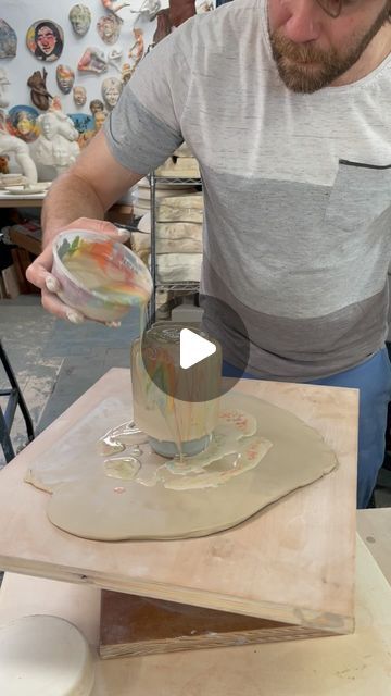 Adrien Miller on Instagram: "Pour painting a tumbler with colored slip. I use a little piece of plaster to pick up the wet cup with the force of cohesion, which is very satisfying! 
#tumbler #cup #potteryvideo #fluidart #pourpainting #processvideo" Pottery Videos, Pouring Painting, Pour Painting, Glazes For Pottery, The Force, Fluid Art, Glaze, Force, Pick Up