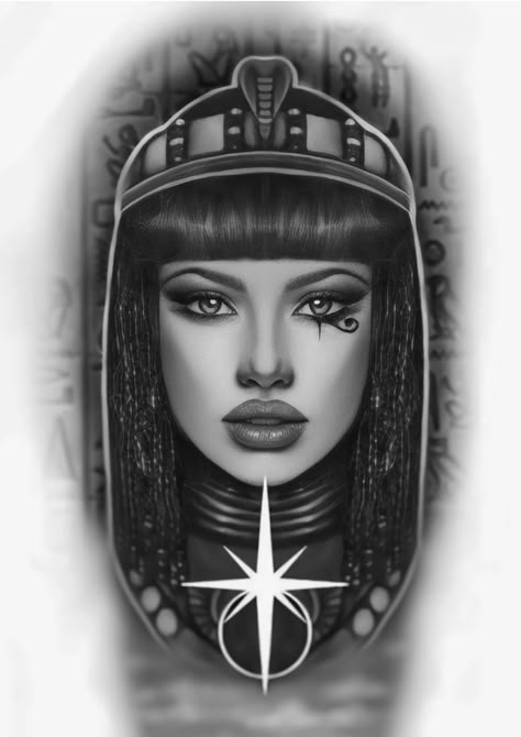 Egyptian Women Tattoo, Tattoo Cleopatra, Queen Nefertiti Tattoo, Egyptian Queen Tattoos, Egyptian Tattoo Ideas, Pic Sketch, Cleopatra Tattoo, Pharaoh Tattoo, Nefertiti Art