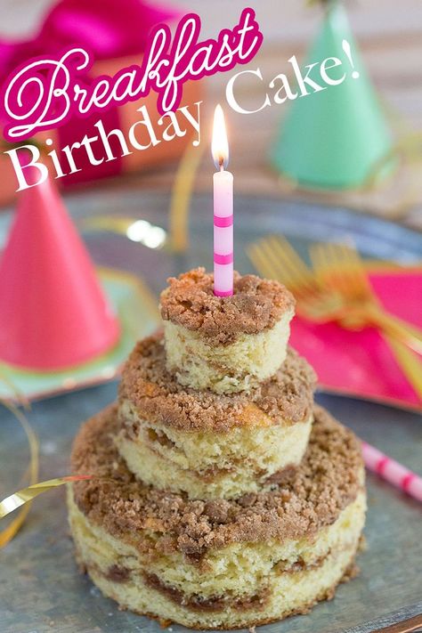 Breakfast Birthday Cake! Sour Cream Coffee Cake! Breakfast Birthday Cake Ideas, Breakfast Birthday Cake, Coffee Cake Birthday, Birthday Coffee Cake, Cake Sour Cream, Birthday Meals, Mini Birthday Cake, Breakfast Cakes, Birthday Breakfast Party