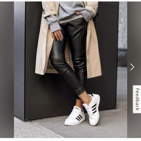 Adidas Court Shoes Outfit, Adidas Grand Court Outfit, Court Shoes Outfit, Lucy Hernandez, Leather Pants For Women, Court Outfit, Adidas Outfit Women, Outfit Adidas, Adidas Grand Court