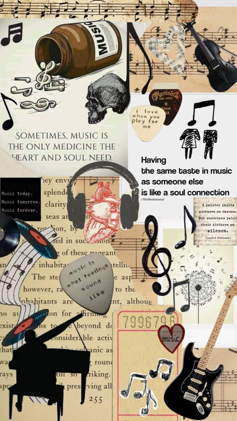 #music #beauty #notes #musicnotes #vintage #guitar #violin #piano #paper #love #art #medicine Music Therapist, Scrapbook Printing, Paper Collage Art, Vintage Guitar, Bullet Journal School, Pretty Animals, Music Wallpaper, Art Journal Pages, Aesthetic Vintage