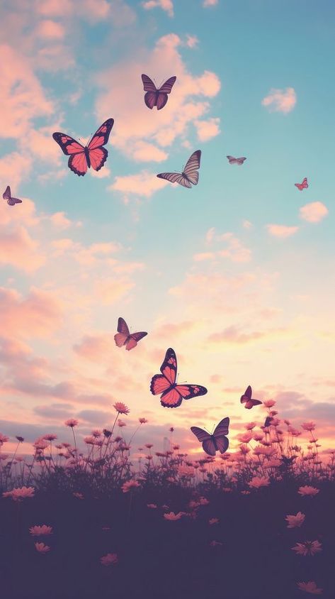 Butterflies flying through a sunset sky butterfly outdoors nature. | free image by rawpixel.com Sunset With Butterflies, Butterfly Scenery, Butterfly Sunset, Butterflies Aesthetic, Animal Migration, Sky Butterfly, Butterfly Migration, Flying Butterflies, Butterfly Aesthetic