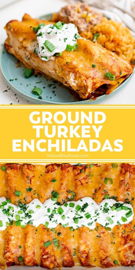 Ground Turkey Enchiladas Turkey Enchilada Casserole, Ground Turkey Enchiladas, Enchilada Skillet, Ground Turkey Recipes Healthy, Turkey Enchiladas, Healthy Ground Turkey, Turkey Dishes, Ground Beef Recipes For Dinner, Turkey Dinner