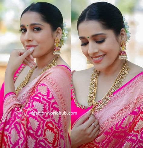 Pink Sari Makeup Look, Pink Saree Jewellery Ideas, Jewellery On Pink Saree, Makeup For Pink Saree, Pink Silk Saree Look, Pink Saree For Wedding, Pink Saree Makeup Look, Pink Saree Look, Saree Engagement