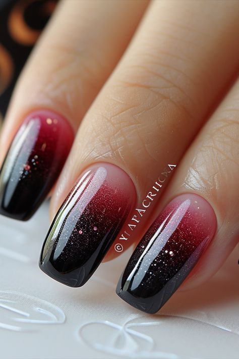 Black Ombre Nails Ombre Wine Nails, Burgundy Black Ombre Nails, Dark Ombre Nail Designs, Ombre Nails 2024 Trends, Vampy Nails Short, Black Ombre Nail Designs, Red And Black Ombre Nails, Dark Ombre Nails, Black Ombre Nails