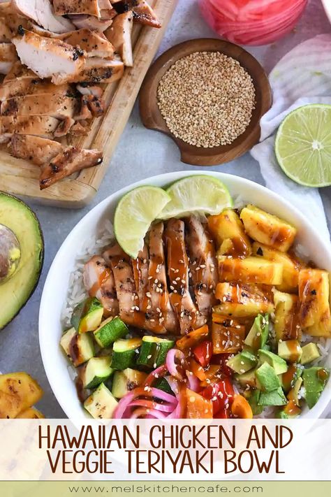 These Hawaiian chicken and veggie teriyaki bowls are loaded with so many delicious ingredients and fresh flavors. Easily customizable to your liking! Buddah Bowl With Chicken, Grilled Hawaiian Chicken Teriyaki Bowls, Hawaiian Teriyaki Chicken Bowl, Hawaiian Meal Prep, Hawaiian Chicken Poke Bowl, Hawaiian Bowls Chicken, Hawaiian Chicken Bowl Recipe, Hawaiian Bowl Recipes, Healthy Hawaiian Recipes