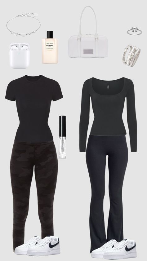 Cosmo School Outfits All Black, Outfit Ideas With Black Flare Leggings, Outfits For Black Sweatpants, All Black Outfit For School, Black Outfits For School, Black Outfits For Women, Comfy School Outfits, Trendy Clothing Stores, Cute Outfits With Leggings